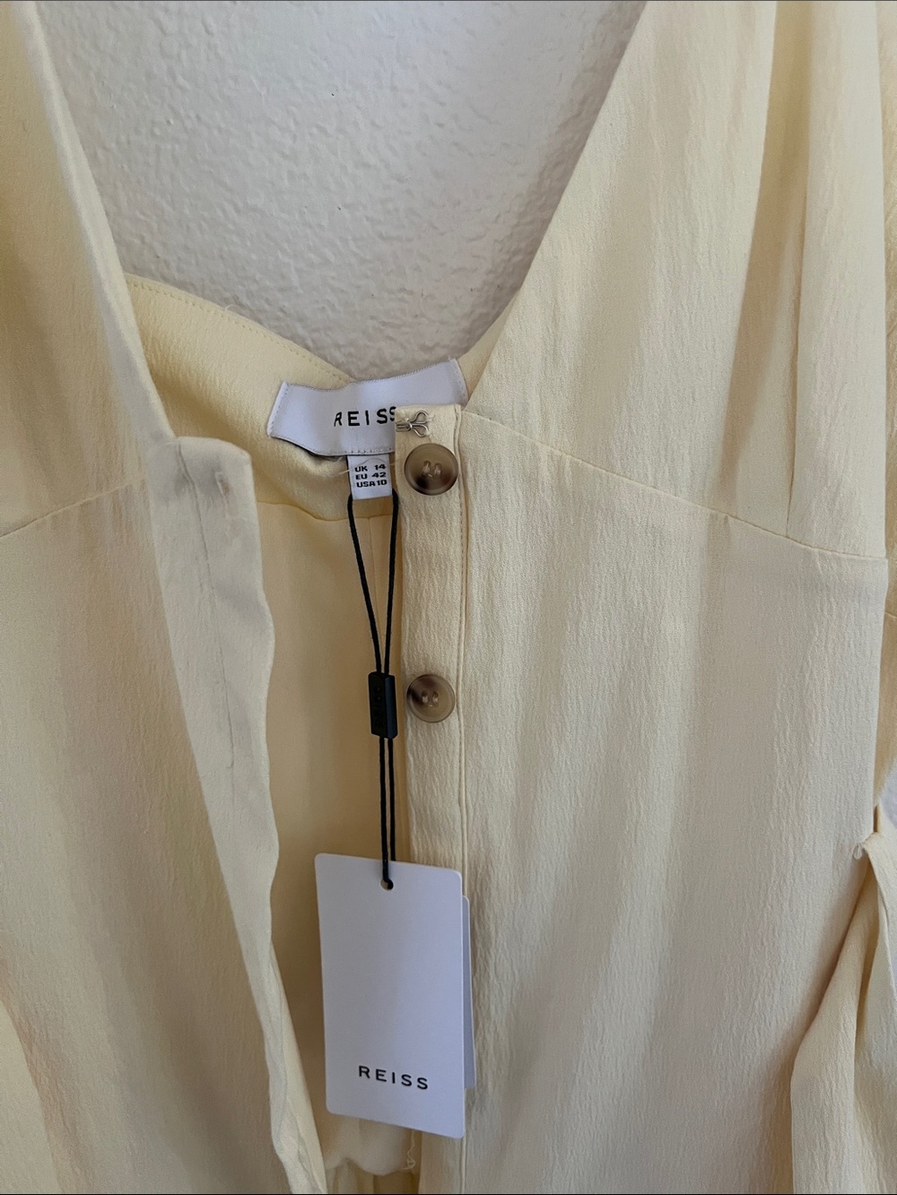 Reiss Soft Cream Yellow Midi Dress with Button Front